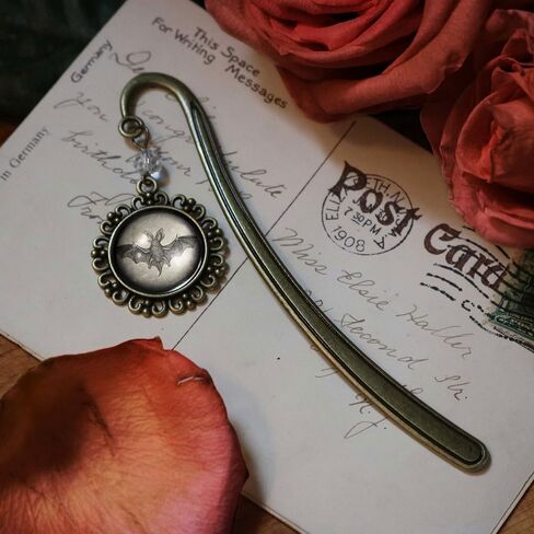 Victorian Bat Goth Brass Bookmark with Reversed Decoupage Glass Cabochon in Saudi Arabia