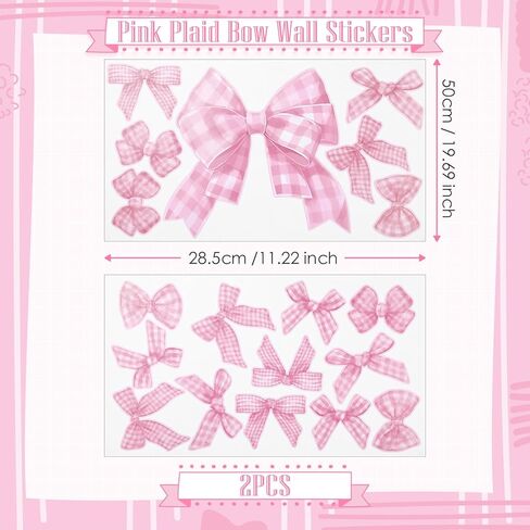 19 Pcs Large Coquette Bows Stickers 2 Sheets Coquette Room Decor Stickers Pink Plaid Bow Wall Decals 19.69 x 11.22 Inches Vinyl Peel and Stick Aesthetic Nursery Decor Wallpaper for Girls in Saudi Arabia