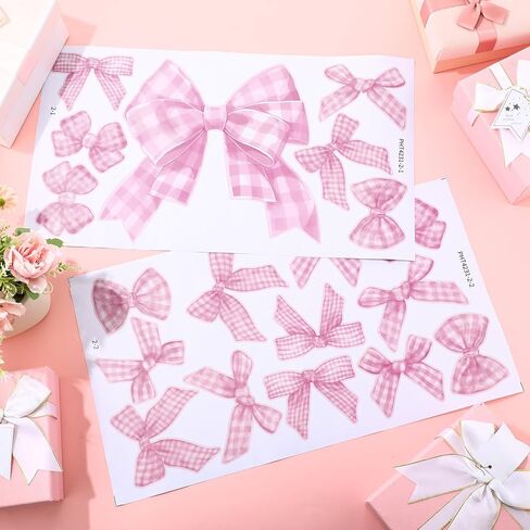 19 Pcs Large Coquette Bows Stickers 2 Sheets Coquette Room Decor Stickers Pink Plaid Bow Wall Decals 19.69 x 11.22 Inches Vinyl Peel and Stick Aesthetic Nursery Decor Wallpaper for Girls in Saudi Arabia