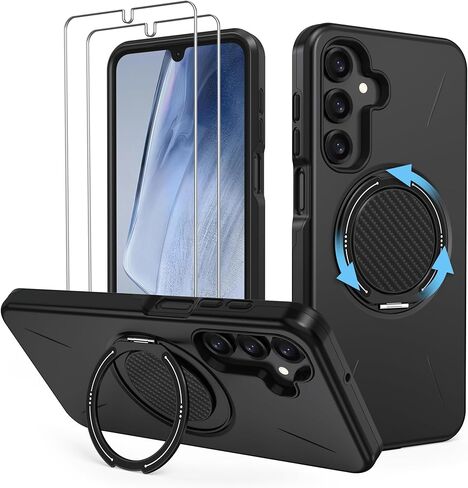 for Galaxy-A15-5G Phone Case: with 2X Screen Protectors for Samsung A15 5G Case, 360° Rotatable Stand, Military-Grade Dual-Layer Protection, Slim Fit Funda para for Samsung A15 5G, Black in Saudi Arabia