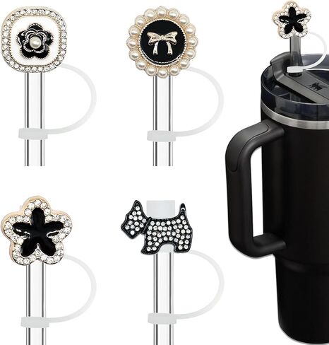 أغطية من القش من إيبوكسي لأكواب ستانلي - 4 قطع من أغطية القش اللطيفة من السيليكون ملحقات أكواب ستانلي المتوافقة مع أكواب 12 20 30 40 أونصة باللون الوردي والأسود والأبيض والأصفر مع حقيبة تخزين in Kuwait