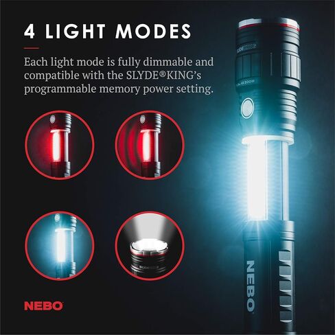 500 Lumen COB LED Work-Light and Flashlight, Red Light Mode and Red Flashing Light Mode, 4x Adjustable Zoom, Magnetic Base, No Need to Buy Batteries SLYDE KING is Rechargeable - NEBO 6726 Slyde King in Saudi Arabia