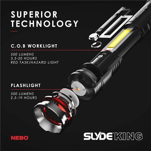 500 Lumen COB LED Work-Light and Flashlight, Red Light Mode and Red Flashing Light Mode, 4x Adjustable Zoom, Magnetic Base, No Need to Buy Batteries SLYDE KING is Rechargeable - NEBO 6726 Slyde King in Saudi Arabia