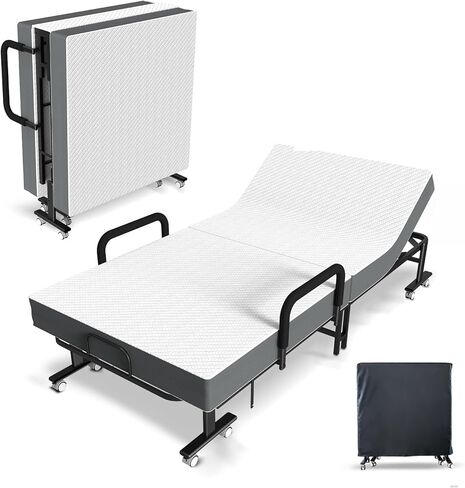 Folding Guest Bed with Mattress and 6 Position Adjustable Backrest for Adults, Metal Folding Trundle Bed, Office Nap, Lunch Break, Comes with Folding Bed for Convenient Storage in Saudi Arabia