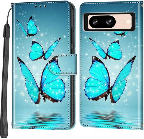 حافظة محفظة لهاتف Google Pixel 8، [مسند] حامل 3 بطاقات [غلاف داخلي من مادة TPU مقاوم للصدمات]، غطاء قلاب واقٍ مغناطيسي من جلد البولي يوريثان مقاس 6.2 بوصة 2023، فراشة وردية in Kuwait