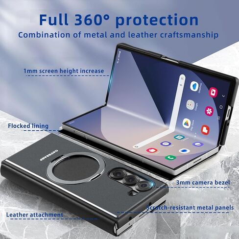 Case for Samsung Galaxy Z Fold 6,with MagSafe 360°Rotatable Magnetic Kickstand,Leather+Aluminum Metal Full Body Flip Phone Cover,Military Shockproof Grade Drop Proof for Galaxy Z Fold6(Black) in Saudi Arabia