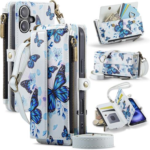 for iPhone 16 Plus Case Wallet with RFID Blocking Card Holder Colored Drawing PU Leather Magnetic Snap Flip Zipper Strap Wallet Phone Case Fit for iPhone 16 Plus,Aurora Butterfly in Saudi Arabia