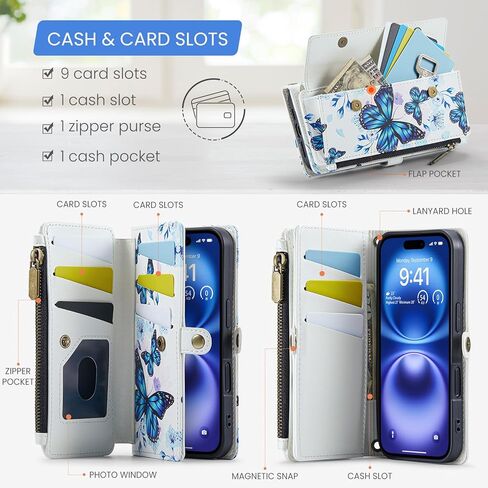 for iPhone 16 Plus Case Wallet with RFID Blocking Card Holder Colored Drawing PU Leather Magnetic Snap Flip Zipper Strap Wallet Phone Case Fit for iPhone 16 Plus,Aurora Butterfly in Saudi Arabia