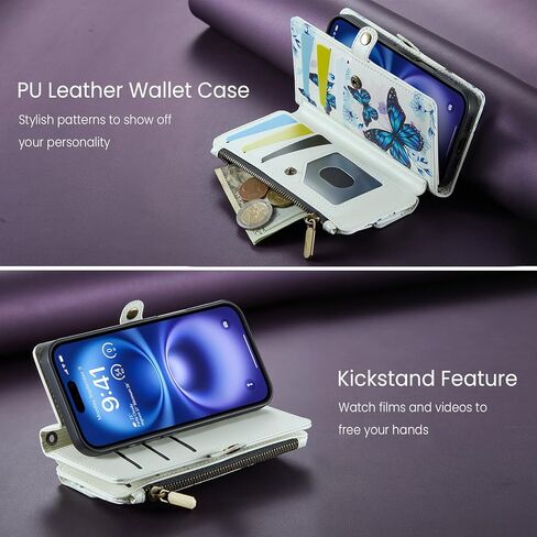 for iPhone 16 Plus Case Wallet with RFID Blocking Card Holder Colored Drawing PU Leather Magnetic Snap Flip Zipper Strap Wallet Phone Case Fit for iPhone 16 Plus,Aurora Butterfly in Saudi Arabia