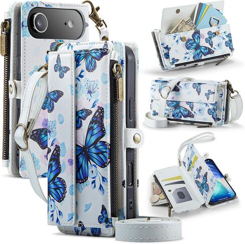 for iPhone 16 Plus Case Wallet with RFID Blocking Card Holder Colored Drawing PU Leather Magnetic Snap Flip Zipper Strap Wallet Phone Case Fit for iPhone 16 Plus,Aurora Butterfly in Saudi Arabia