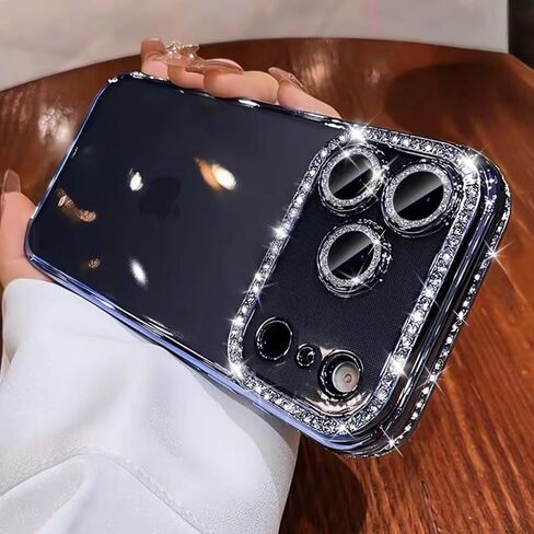 for iPhone 17 Pro Max Clear Glitter Case, Cute Luxury 3D Sparkly Bling Diamond Rhinestone Camera Lens Protector Soft Plating TPU Bumper Transparent Women Girls Phone Case Cover for iPhone 17 Pro Max in Saudi Arabia