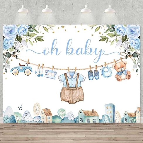 Sensfun Cute Clothes Baby Shower Backdrop for Boys Oh Baby Newborn Blue Floral Eucalyptus Leaves Adventure Baby Shower Party Decorations Banner Supplies Photo Booth Studio Props 7x5ft in Saudi Arabia