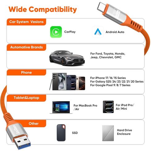 كابل Android Auto USB بطول 1.5 قدم، سلك USB C معتمد من Carplay Auto للسيارة، نقل بيانات 3A/10 جيجابت في الثانية وشحن USB من النوع C 3.2 مجدول لهاتف Galaxy S25 S24 S23 وiPhone 17 16 15 وGoogle Pixel والمزيد in Kuwait