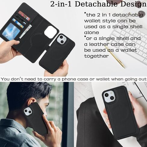 Ｈａｖａｙａ for iPhone 15 Case Wallet Magsafe Compatible 2 in 1 Detachable with Card Holder Pu Leather Flip Folio Credit Card Slots Stand Magnetic Shockproof Phone Cover (6.1")-Black in Saudi Arabia