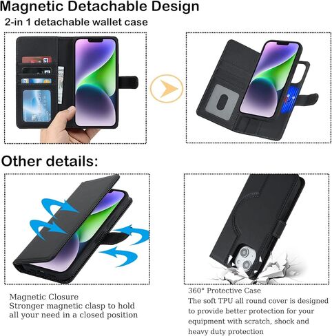 Ｈａｖａｙａ for iPhone 15 Case Wallet Magsafe Compatible 2 in 1 Detachable with Card Holder Pu Leather Flip Folio Credit Card Slots Stand Magnetic Shockproof Phone Cover (6.1")-Black in Saudi Arabia