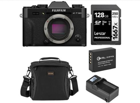 حزمة كاميرا Fujifilm X-T30 III بدون مرآة مع بطارية إضافية، شاحن ذكي، بطاقة ذاكرة UHS-II SDXC سعة 128 جيجابايت، وحقيبة كتف، ضمان Fujifilm المحدود لمدة عام (فضي فحمي) in Saudi Arabia