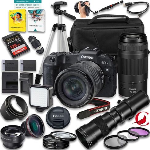 Canon EOS RP Mirrorless Camera with 24-105mm f/4-7.1 and 75-300mm f/4-5.6 & 420-800mm f/8 Lens + 128 GB Memory + Extra Battery + Camera Case + More (32pc Bundle) in Saudi Arabia