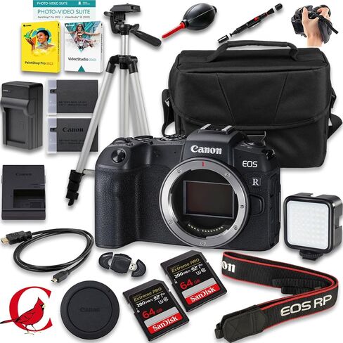 كاميرا Canon EOS RP بدون مرآة + بطاقة ذاكرة سعة 128 جيجابايت + بطارية إضافية + شاحن إضافي + مصباح LED + المزيد (حزمة مكونة من 18 قطعة) in Kuwait
