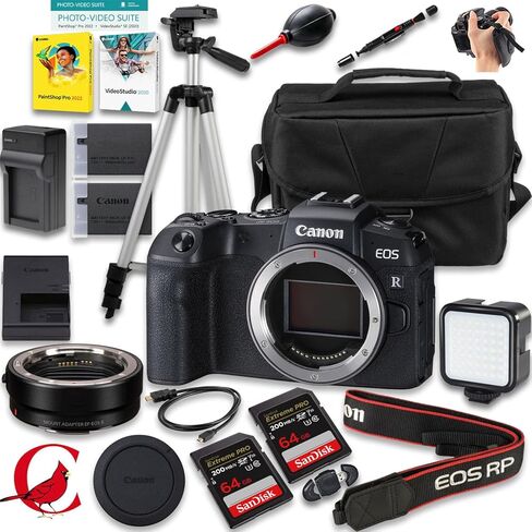 Canon EOS RP Mirrorless Camera + Mount Adapter EF-EOS R + 128 GB Memory Card + Extra Battery + More (20pc Bundle) in Saudi Arabia