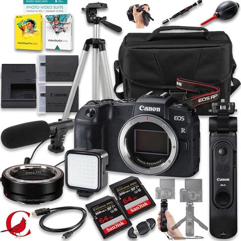كاميرا Canon EOS RP بدون مرآة + مقبض ثلاثي القوائم HG-100TBR + محول التركيب EF-EOS R + بطاقة ذاكرة سعة 128 جيجابايت + المزيد (حزمة مكونة من 24 قطعة) in Saudi Arabia