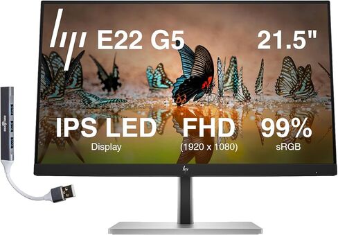 شاشة HP E22 G5 مقاس 22 بوصة FHD IPS مع وقت استجابة 5 مللي ثانية، مضادة للتوهج، خالية من الوميض، حامل VESA (100 × 100 مم)، منفذ عرض، HDMI وموسع منفذ USB Dockztorm، أسود/فضي (6N4E8AA#ABA) in Kuwait
