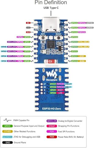 Waveshare ESP32-H2 لوحة تطوير صغيرة تعتمد على شريحة ESP32-H2FH4S، معالج RISC-V 32 بت أحادي النواة، يدعم الاتصالات اللاسلكية BLE/Zigbee/Thread، فلاش 4 ميجابايت in Saudi Arabia