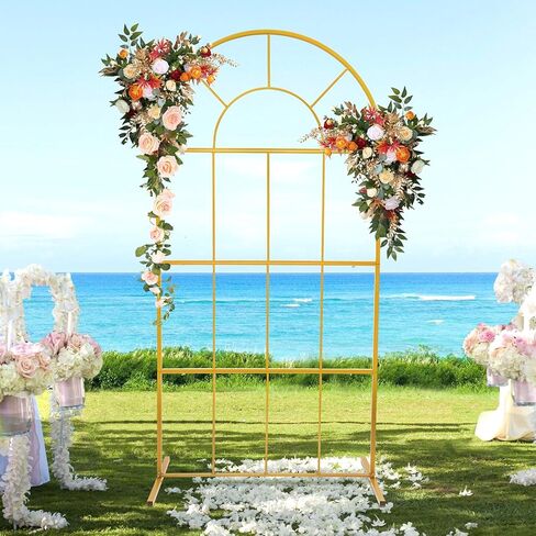حامل قوس زفاف معدني ذهبي بطول 6.6أقدام مع قاعدة على شكل حرف H، إطار خلفية حديدي مقاوم للصدأ للحفلات الداخلية والخارجية، وأعياد الميلاد، وتزيين كشك الصور، وتصميم عصري بسيط in Kuwait