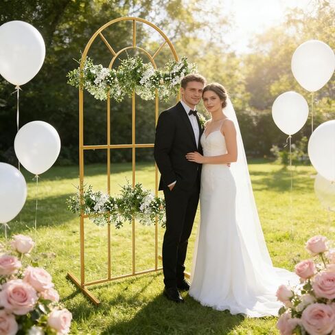 حامل قوس زفاف معدني ذهبي بطول 6.6أقدام مع قاعدة على شكل حرف H، إطار خلفية حديدي مقاوم للصدأ للحفلات الداخلية والخارجية، وأعياد الميلاد، وتزيين كشك الصور، وتصميم عصري بسيط in Kuwait