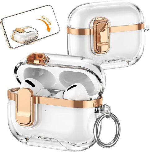 for AirPods Pro 3rd Generation (2025) Clear Electroplated Case, Shockproof Transparent Cover with Lock Clip, Keychain & Kickstand, Supports Wireless Charging for AirPods Pro 3 – DD Rose Gold in Saudi Arabia