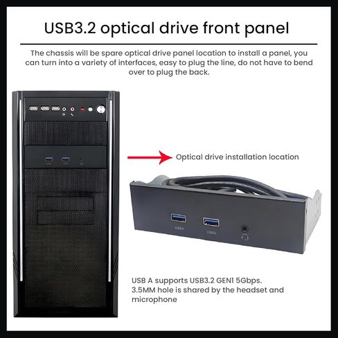 محور اللوحة الأمامية USB 3.2 Gen 1، محول فتحة محرك الأقراص الضوئية مقاس 5.25 بوصة مع منفذي USB 3.2 ومقبس سماعة الرأس، موصل 19 سنًا، نقل بيانات بسرعة 5 جيجابت في الثانية in Kuwait