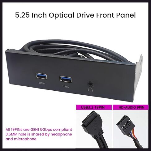 محور اللوحة الأمامية USB 3.2 Gen 1، محول فتحة محرك الأقراص الضوئية مقاس 5.25 بوصة مع منفذي USB 3.2 ومقبس سماعة الرأس، موصل 19 سنًا، نقل بيانات بسرعة 5 جيجابت في الثانية in Kuwait