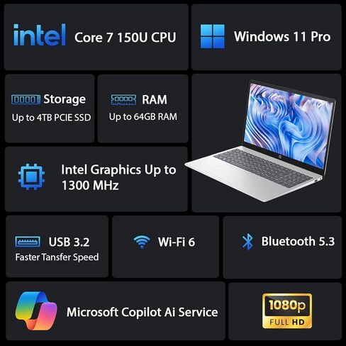 HP New Generation 15.6" FHD Business AI Laptop, Intel Core 7 150U(10 Cores, Up to 5.4 GHz), 16GB RAM, 512GB PCIE, Microsoft Copilot, Bluetooth 5.4, Ultra Quiet Design, Long Battery Life | Windows 11 in Saudi Arabia