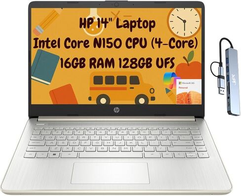 كمبيوتر محمول HP 14 رفيع محمول للطلاب 2026، شاشة 14 بوصة عالية الدقة، Intel N150، ذاكرة وصول عشوائي 16 جيجابايت، تخزين 256 جيجابايت (128 جيجابايت UFS + 128 جيجابايت microSD)، سنة واحدة Office 365 1 تيرابايت كلاود، واي فاي 6، HDMI، محطة إرساء، كاميرا ويب،  in Kuwait