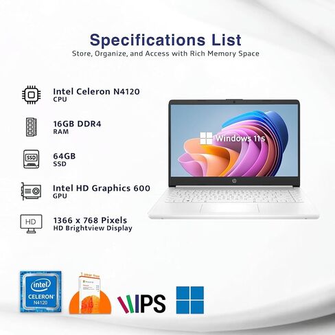 كمبيوتر محمول HP Stream 14 بوصة عالي الدقة ونحيف وخفيف الوزن، Intel Celeron N4120، ذاكرة الوصول العشوائي 16 جيجابايت، تخزين eMMC سعة 64 جيجابايت، عمر بطارية طويل، كاميرا ويب عالية الدقة، HDMI، أبيض، Office 365 لمدة عام واحد، Windows 11 S، 128 جيجابايت Cue in Kuwait