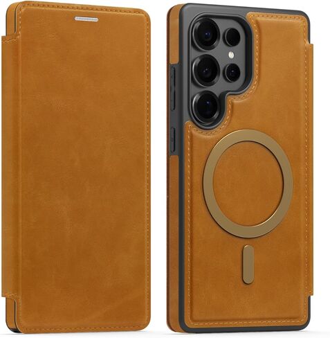 Lunivop Compatible with Samsung Galaxy S25 Ultra Case 2025 6.9 '' Flip Cover PU Leather RFID Blocking Card Holder Wallet 【Compatible with Magsafe】 Magnetic Phone Case for S25Ultra (Light Brown) in Saudi Arabia