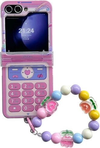 حافظة إبداعية لطيفة لهاتف سامسونج جالاكسي Z Flip 7 مع حزام خرز Kawaii، غطاء حماية مفصلي مطبوع عليه ريترو PC، حافظة معصم عصرية للفتيات لهاتف Z Flip 7 - أرجواني in Kuwait