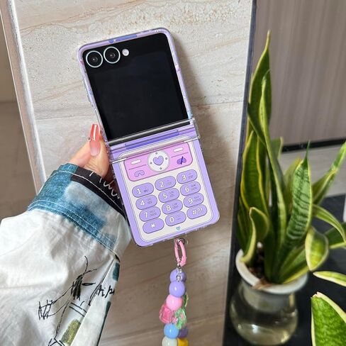 حافظة إبداعية لطيفة لهاتف سامسونج جالاكسي Z Flip 7 مع حزام خرز Kawaii، غطاء حماية مفصلي مطبوع عليه ريترو PC، حافظة معصم عصرية للفتيات لهاتف Z Flip 7 - أرجواني in Kuwait