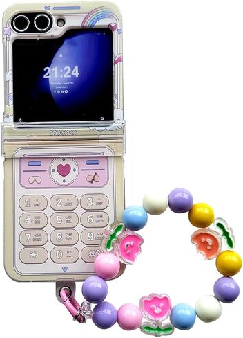 حافظة إبداعية لطيفة لهاتف سامسونج جالاكسي Z Flip 7 مع حزام خرز Kawaii، غطاء حماية مفصلي مطبوع عليه ريترو PC، حافظة معصم عصرية للفتيات لهاتف Z Flip 7 - أرجواني in Kuwait