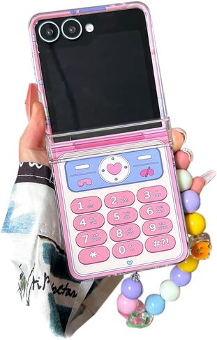حافظة إبداعية لطيفة لهاتف سامسونج جالاكسي Z Flip 7 مع حزام خرز Kawaii، غطاء حماية مفصلي مطبوع عليه ريترو PC، حافظة معصم عصرية للفتيات لهاتف Z Flip 7 - أرجواني in Kuwait