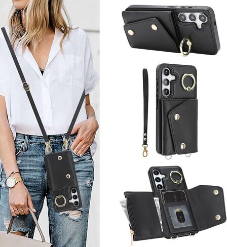 متوافق مع حافظة محفظة Galaxy S25 Plus Crossbody مع حامل بطاقات للنساء، جراب هاتف RFID محجب من جلد البولي يوريثان وحقيبة يد بسحاب وغطاء قلاب مع فتحات للبطاقات وحامل معصم دائري، أسود in Kuwait