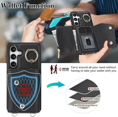 متوافق مع حافظة محفظة Galaxy S25 Plus Crossbody مع حامل بطاقات للنساء، جراب هاتف RFID محجب من جلد البولي يوريثان وحقيبة يد بسحاب وغطاء قلاب مع فتحات للبطاقات وحامل معصم دائري، أسود in Kuwait