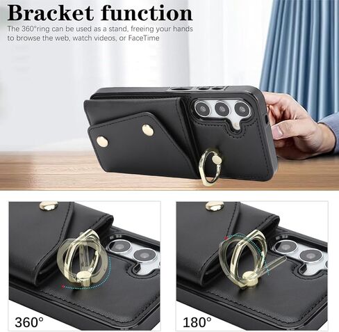 متوافق مع حافظة محفظة Galaxy S25 Plus Crossbody مع حامل بطاقات للنساء، جراب هاتف RFID محجب من جلد البولي يوريثان وحقيبة يد بسحاب وغطاء قلاب مع فتحات للبطاقات وحامل معصم دائري، أسود in Kuwait