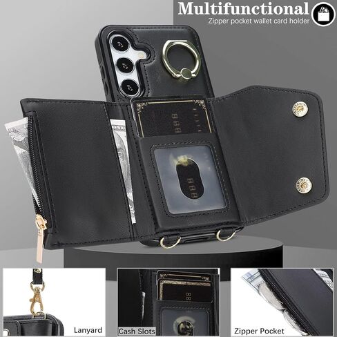 متوافق مع حافظة محفظة Galaxy S25 Plus Crossbody مع حامل بطاقات للنساء، جراب هاتف RFID محجب من جلد البولي يوريثان وحقيبة يد بسحاب وغطاء قلاب مع فتحات للبطاقات وحامل معصم دائري، أسود in Kuwait