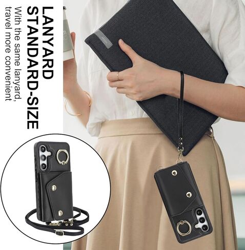 متوافق مع حافظة محفظة Galaxy S25 Plus Crossbody مع حامل بطاقات للنساء، جراب هاتف RFID محجب من جلد البولي يوريثان وحقيبة يد بسحاب وغطاء قلاب مع فتحات للبطاقات وحامل معصم دائري، أسود in Kuwait