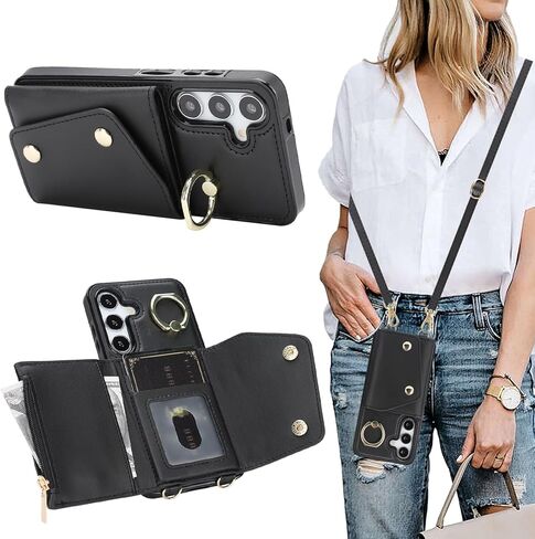 متوافق مع حافظة محفظة Galaxy S25 Plus Crossbody مع حامل بطاقات للنساء، جراب هاتف RFID محجب من جلد البولي يوريثان وحقيبة يد بسحاب وغطاء قلاب مع فتحات للبطاقات وحامل معصم دائري، أسود in Kuwait