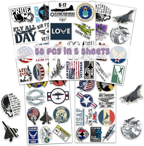 50 Pcs Air Force Vinyl Sticker Cartoon Fighter Jet Decal US Military Aircraft Stickers Tablet Phone Laptop Tumbler Skateboard Bike Luggage Christmas Gifts for Teens Coworkers Students Army Fans in Saudi Arabia
