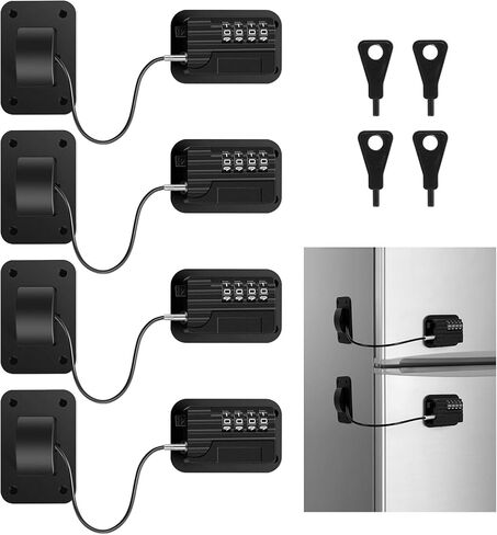 4 Pack Refrigerator Lock, Heavy Duty Refrigerator Locks Kit with Password, Drill-Free Childproof Cabinet Fridge Locks, Safety Freezer Combination Lock for Refrigerator Cabinets Drawers Window, Black in Saudi Arabia