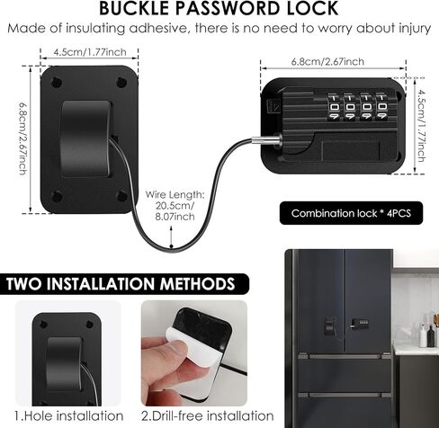 4 Pack Refrigerator Lock, Heavy Duty Refrigerator Locks Kit with Password, Drill-Free Childproof Cabinet Fridge Locks, Safety Freezer Combination Lock for Refrigerator Cabinets Drawers Window, Black in Saudi Arabia