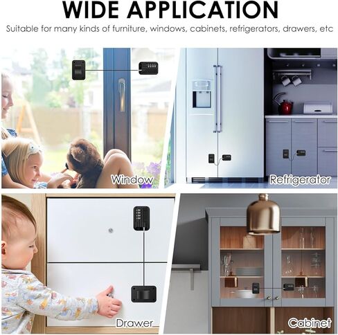 4 Pack Refrigerator Lock, Heavy Duty Refrigerator Locks Kit with Password, Drill-Free Childproof Cabinet Fridge Locks, Safety Freezer Combination Lock for Refrigerator Cabinets Drawers Window, Black in Saudi Arabia