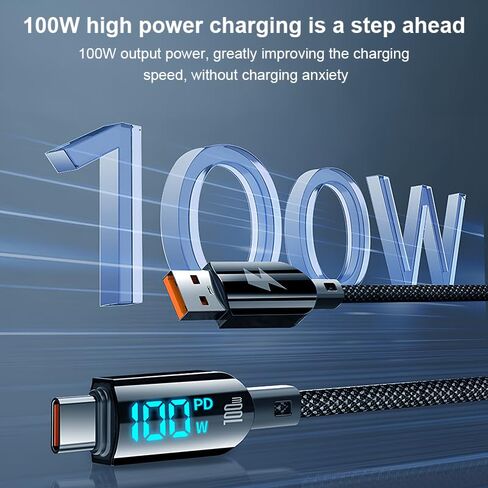 100W USB-A to USB-C Fast Charging Cable with Digital Display - 6A Type C Cable for MacBook Pro/Air, for Samsung Galaxy S24 Ultra S23-3.9FT Nylon Braided Cable，Black in Saudi Arabia